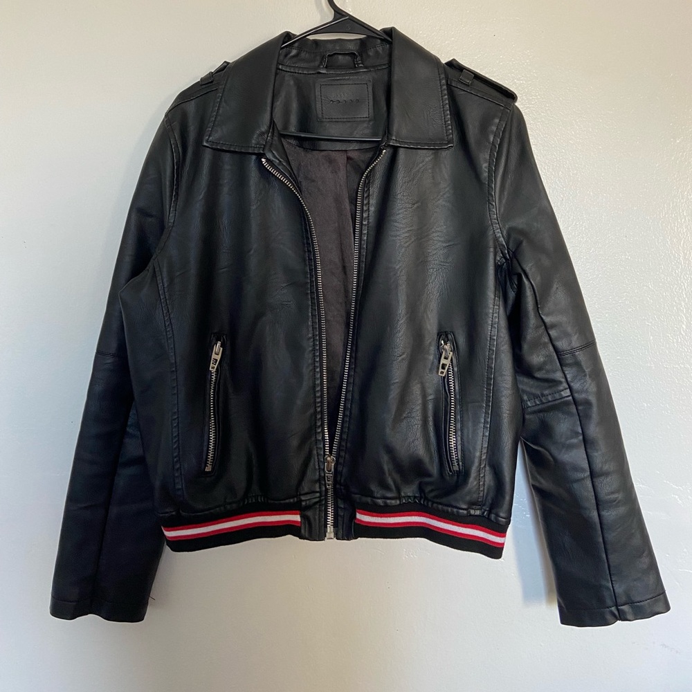 Blank NYC Vegan Leather Black Moto Bomber Jacket with Racing Stripe